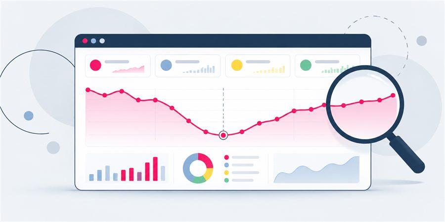 Illustration of an analytics dashboard with a magnifying glass