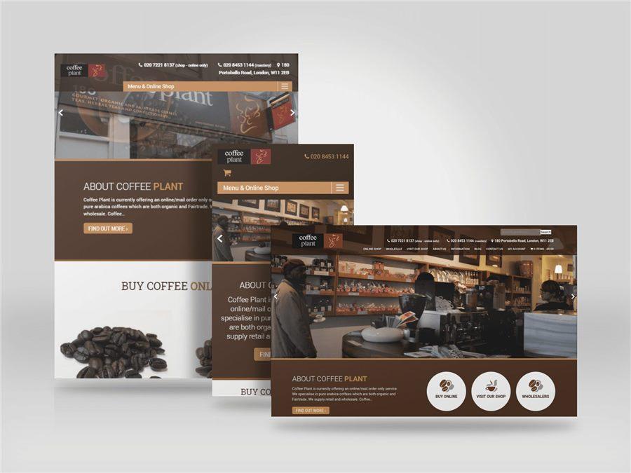 Responsive mockup showing the Coffee Plant website on desktop, tablet and mobile