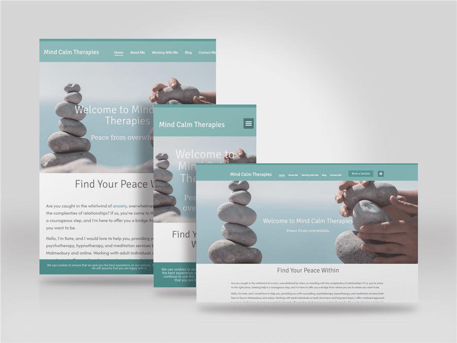 Responsive mockup showing the Mind Calm Therapies website on desktop, tablet and mobile